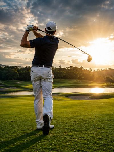 Golfer swinging club on a scenic course at sunset.
