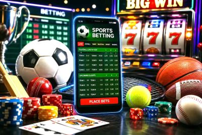 Sports betting app surrounded by various sports equipment and casino elements.