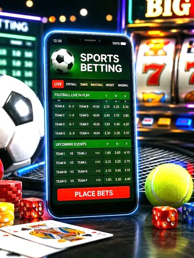 Smartphone displaying sports betting surrounded by various sports equipment and casino items.