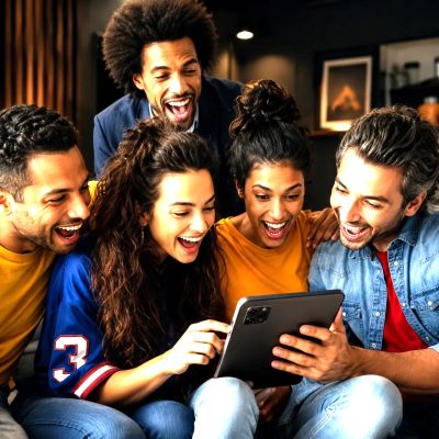 Group of friends excitedly looking at a tablet.