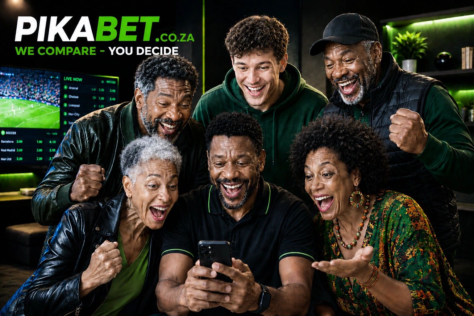 Group excitedly watching sports betting results on a phone.