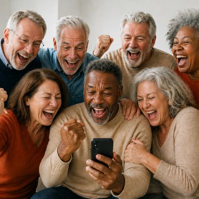 Group of joyful seniors celebrating while looking at a smartphone.