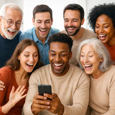 A diverse group joyfully looking at a phone together.