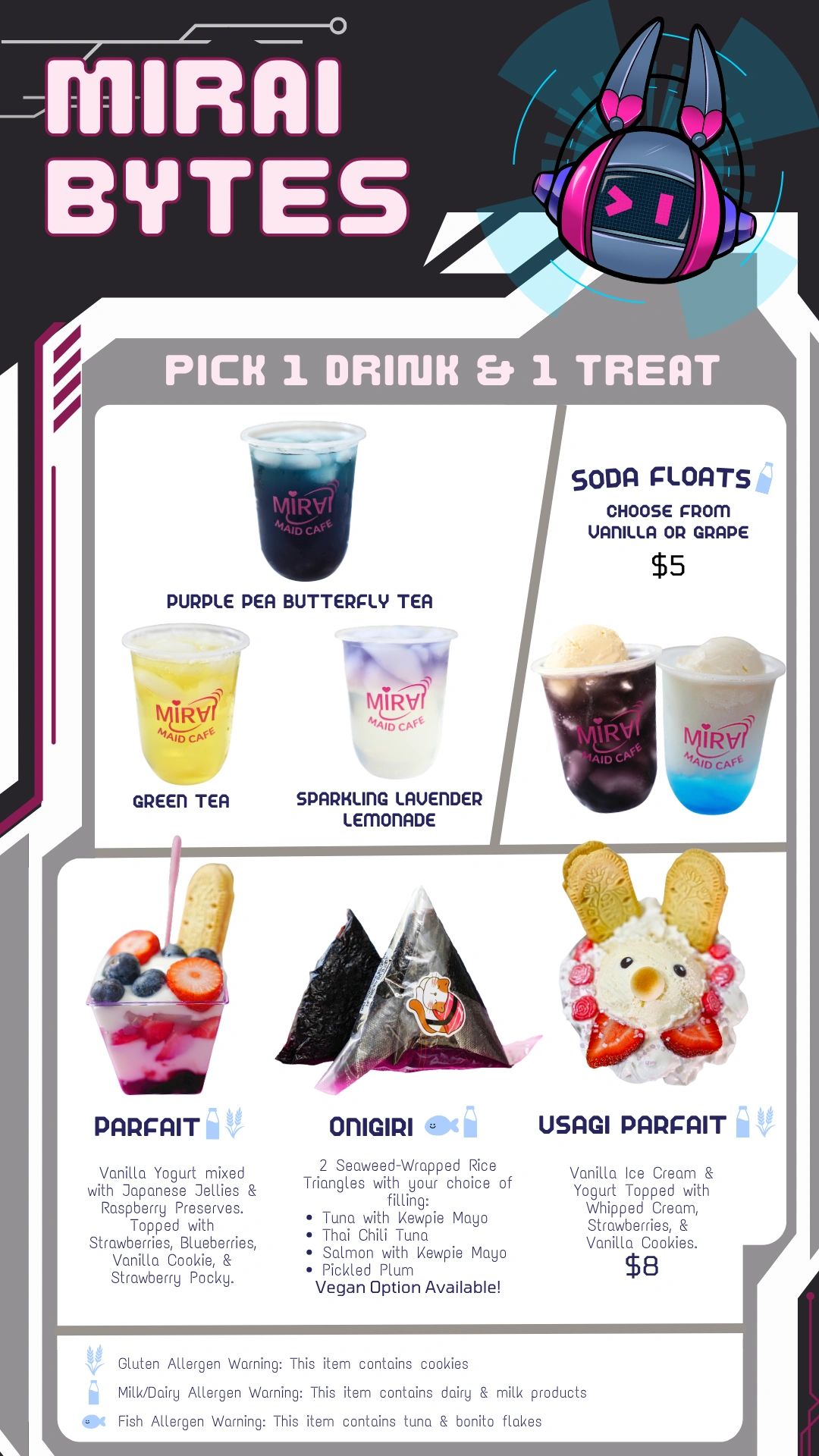 Mirai Bytes menu with drinks and treats including parfait, onigiri, and soda floats.