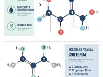 Diagram of molecular structure and formula of Vitamin C with chemical elements and benefits.