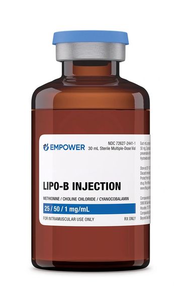 Brown vial of Lipo-B Injection with blue cap for intramuscular use.