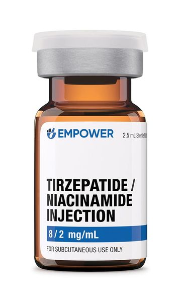 Amber vial labeled Tirzepatide/Niacinamide injection 8/2 mg/mL for subcutaneous use.