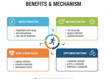Infographic detailing benefits and mechanisms of a health supplement related to energy, metabolism, heart, brain, and forms of supplementation.