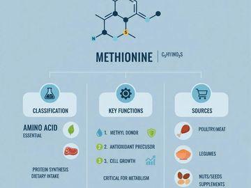 Infographic showing methionine classification, key functions, and sources.
