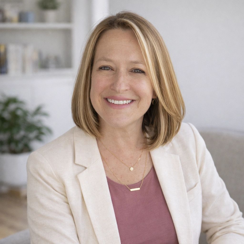 Smiling woman with blonde hair in a cream blazer and mauve top.