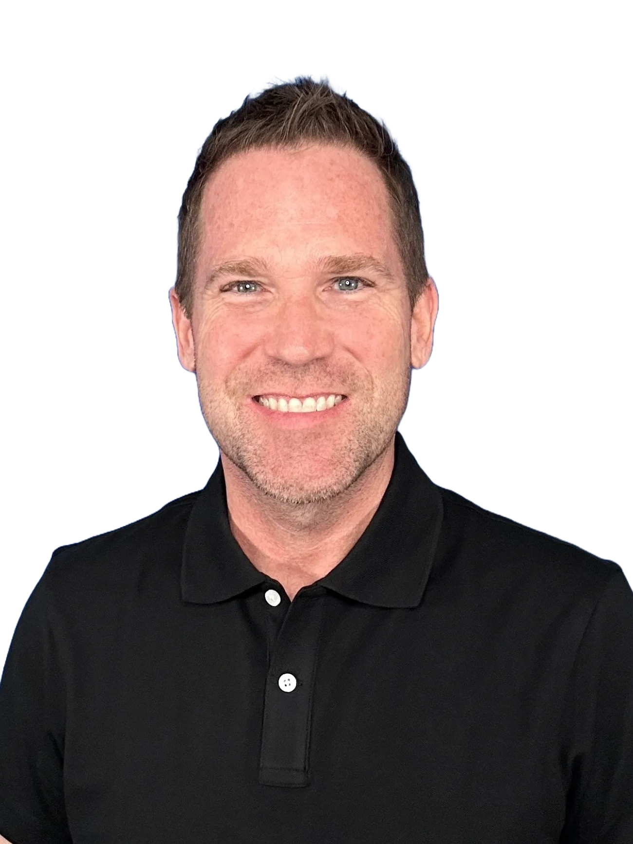 Headshot of actor Robert Kusserow wearing a black polo shirt, smiling against a dark background. SAG
