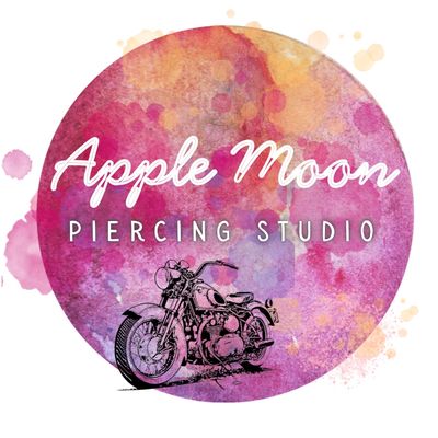 Logo of Apple Moon Piercing Studio with a motorcycle illustration on a watercolor background.