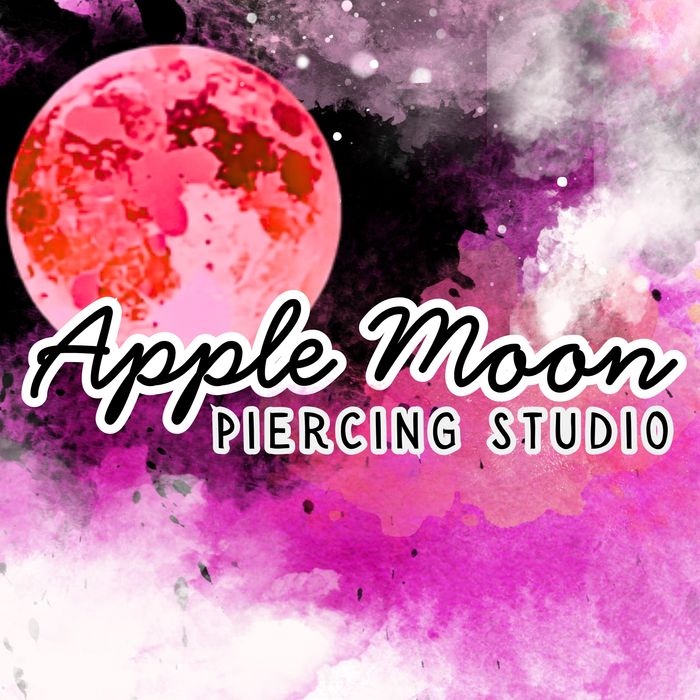 Apple Moon Piercing Studio logo with colorful cosmic background.