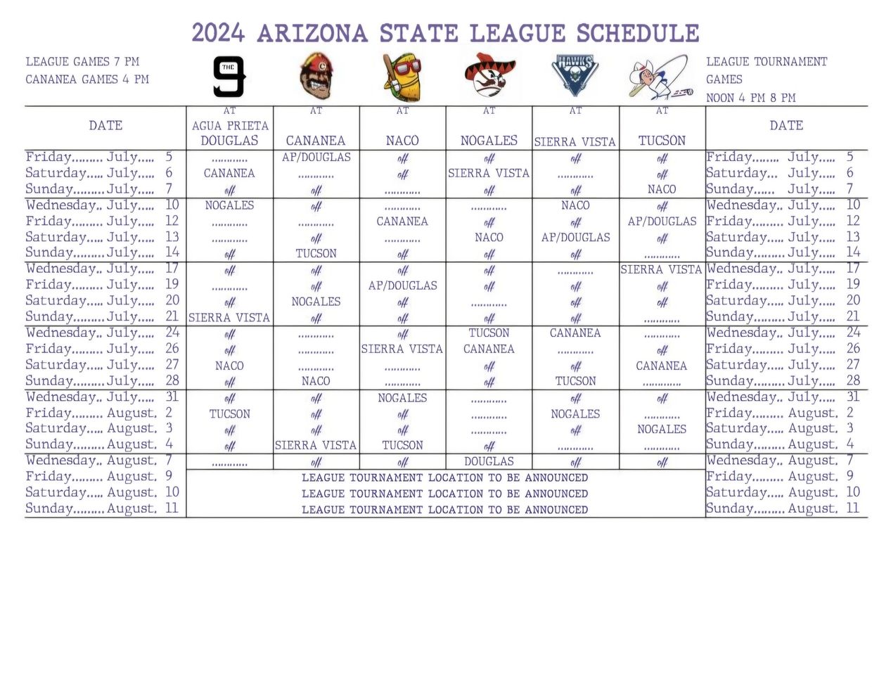 2024 Arizona State League baseball schedule with game dates and locations.