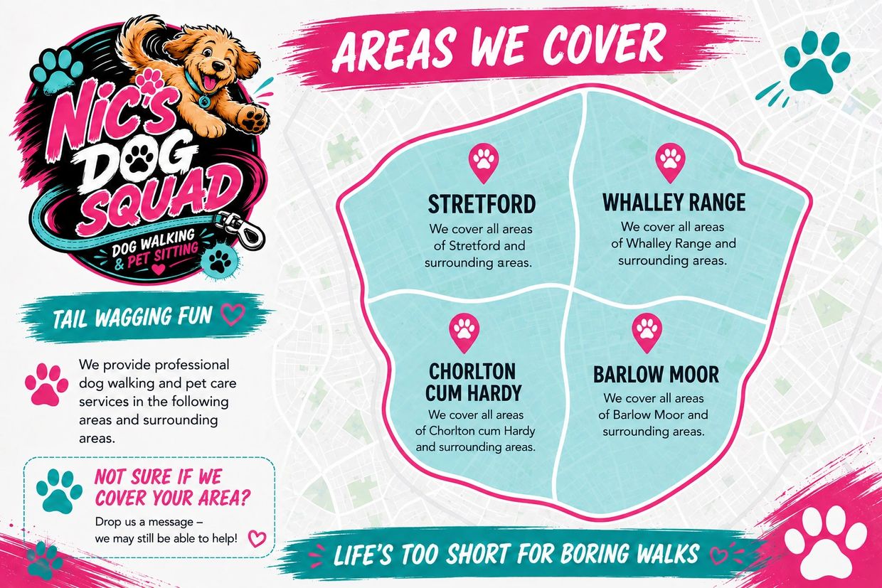Nic's Dog Squad service areas map with dog walking and pet sitting.
