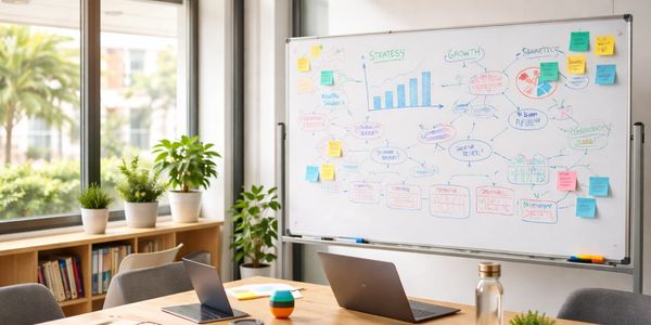 Modern office with laptops, colorful charts, and a whiteboard filled with business strategy notes.