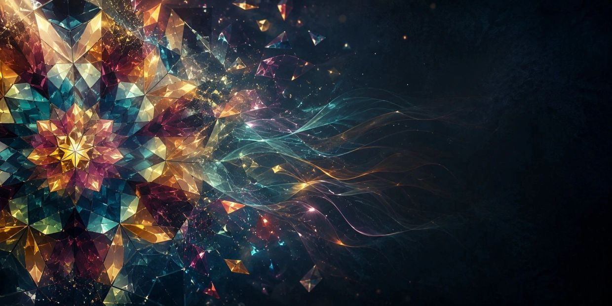 Colorful geometric mandala with flowing light trails.
