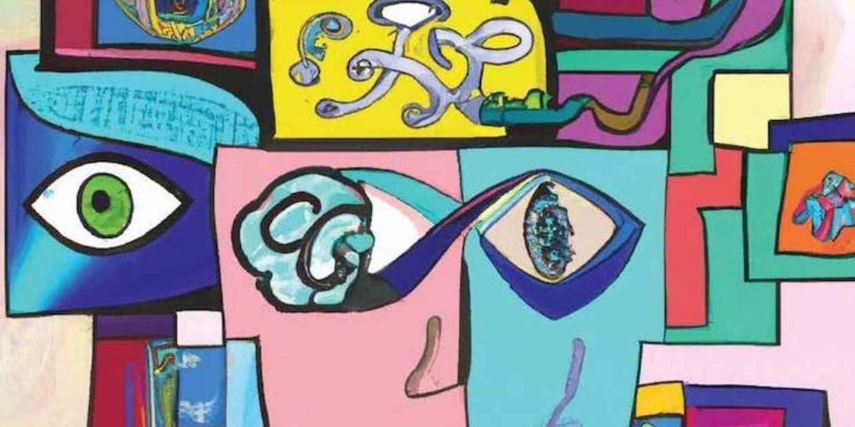 Colorful abstract painting with geometric shapes and eyes.