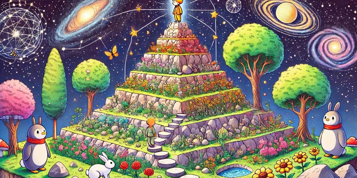 Whimsical cosmic pyramid with animals and plants.