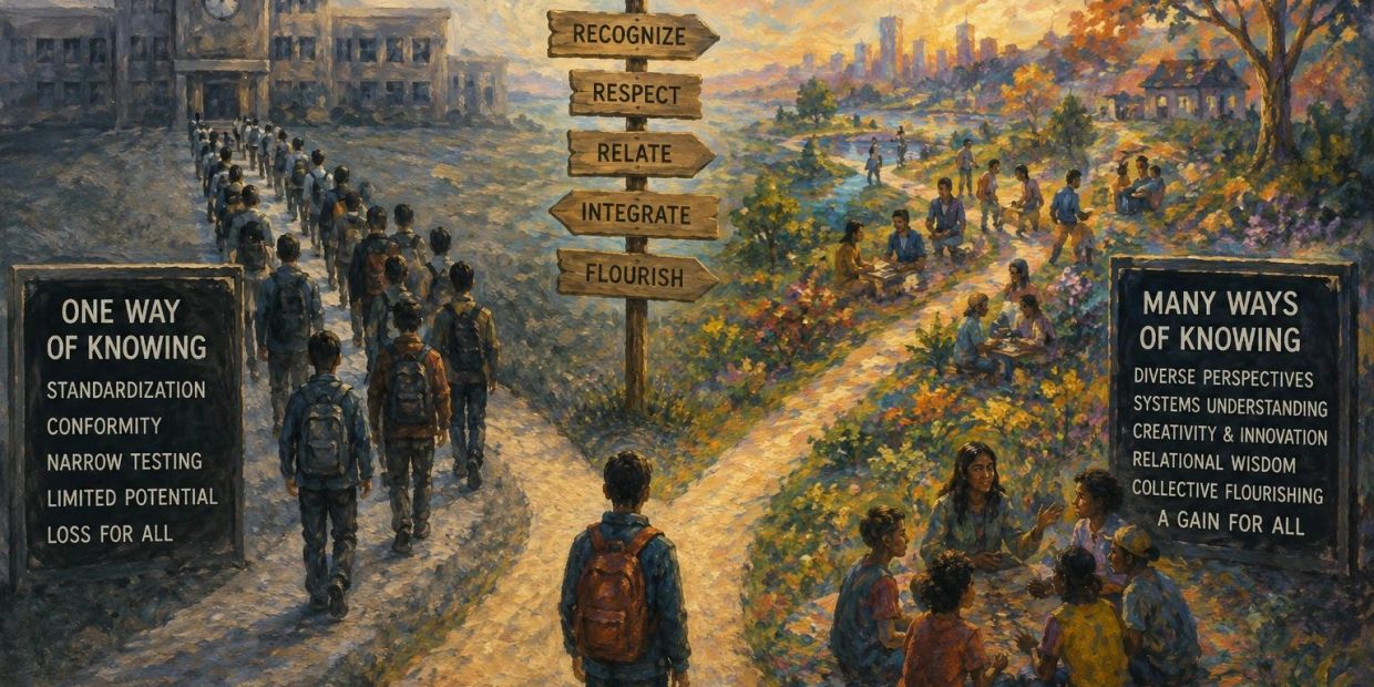 Two contrasting paths of knowing shown with groups of people and signposts.