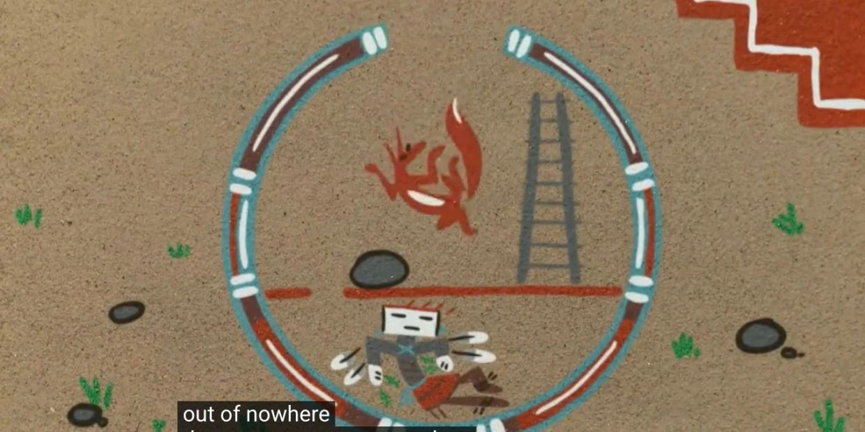 Artistic animation of a character and a fox within a circular frame.