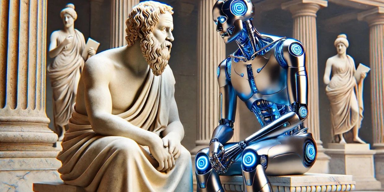 A statue and a robot engaged in conversation.
