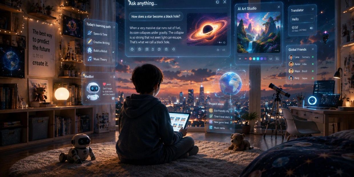Child using futuristic learning tech with holograms in a city-lit room.