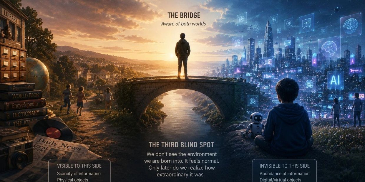 A person standing on a bridge between nature and a digital cityscape at sunset.