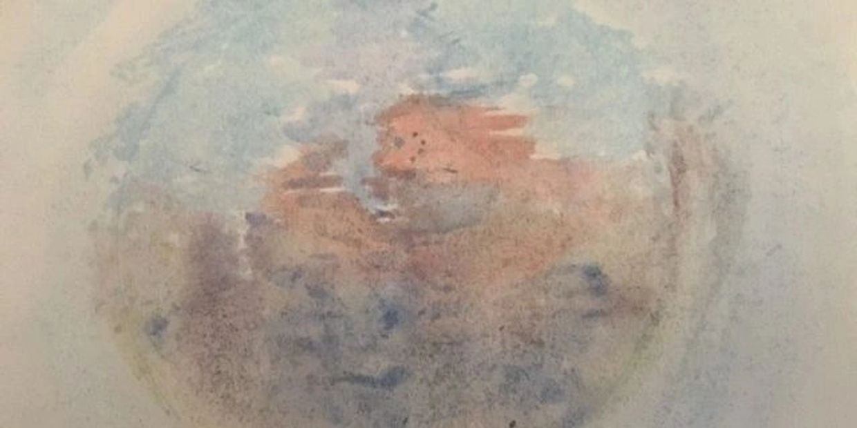 Abstract watercolor painting with soft blue and reddish hues.