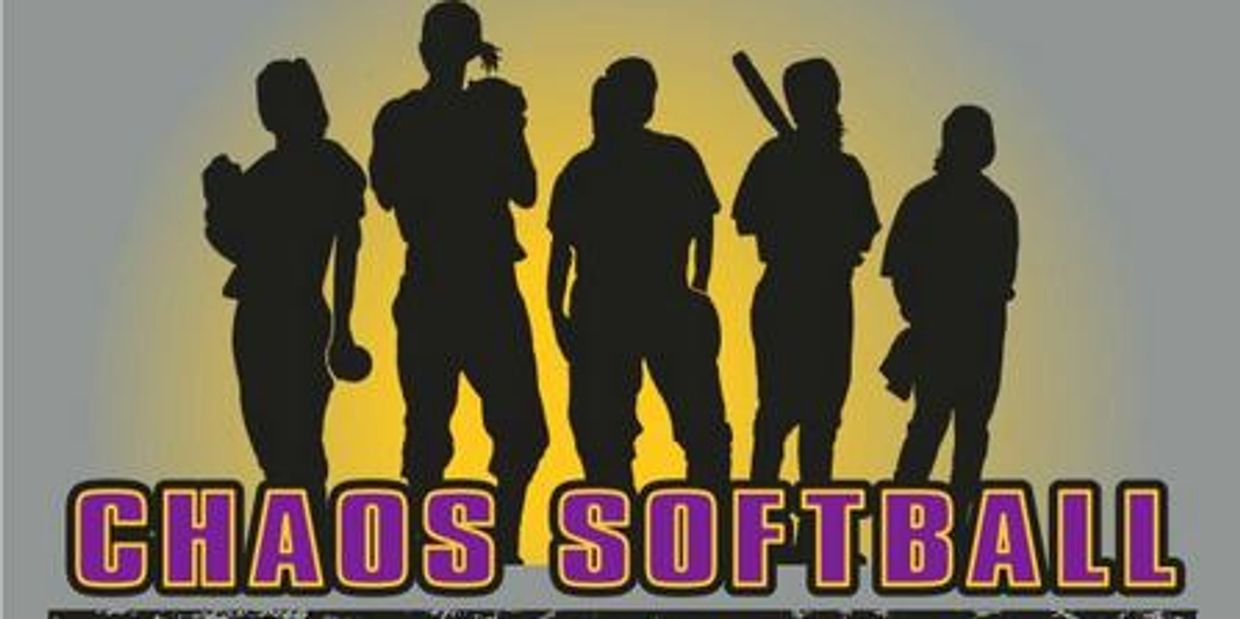 Silhouetted softball players with 'Chaos Softball: Band of Sisters' text.