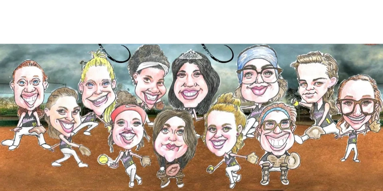 Caricature of a softball team posing with big smiles and exaggerated facial features.