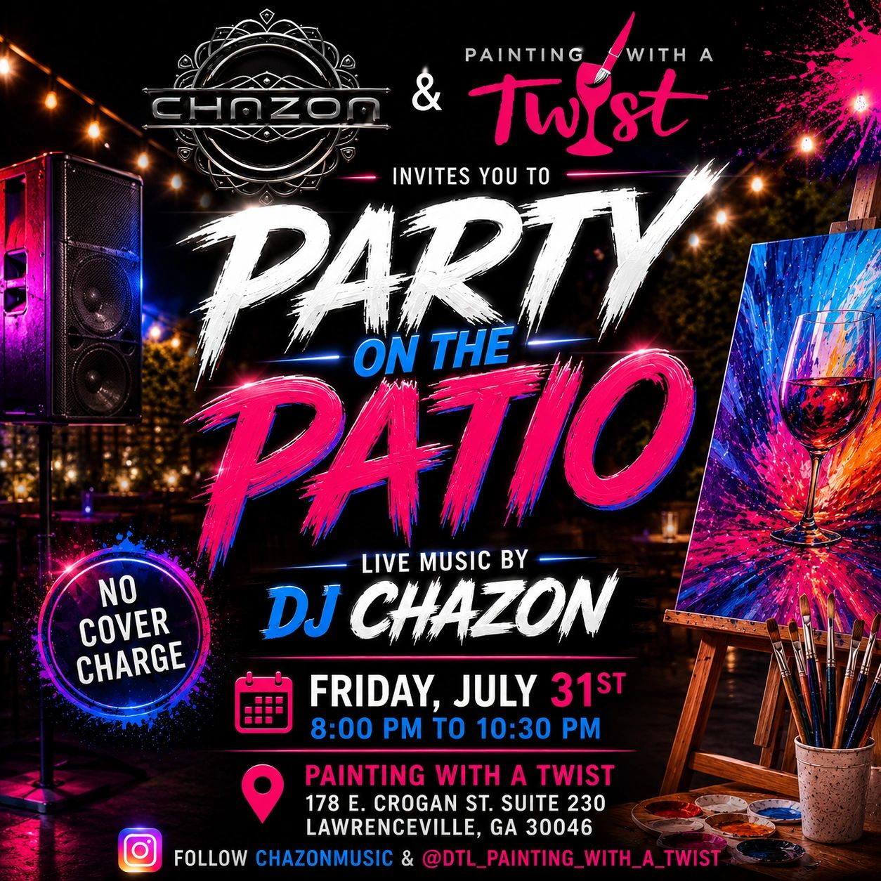 Party on the patio with live DJ music and painting event.