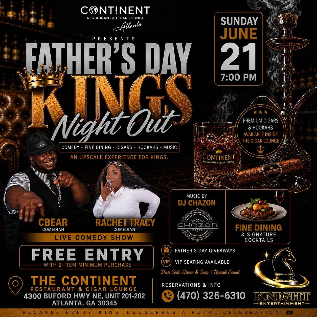 Father's Day Kings Night Out event with comedy, cigars, and fine dining.