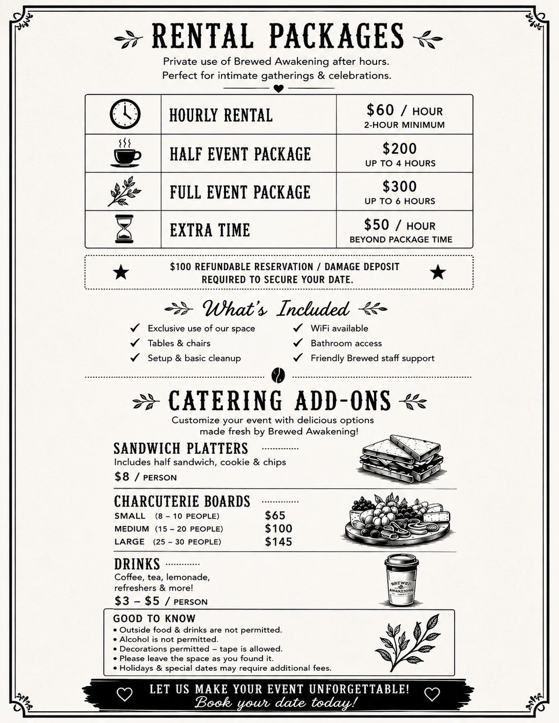 Rental packages with event and catering options at Brewed Awakening.