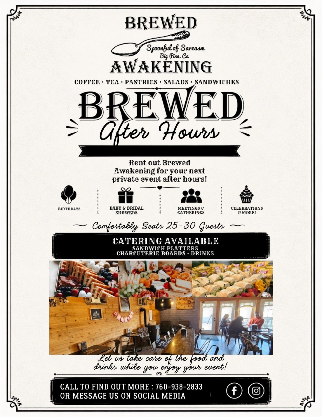 Flyer for Brewed Awakening's private event rentals and catering services.