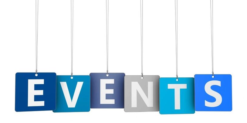 Colorful hanging signs spelling out the word EVENTS.