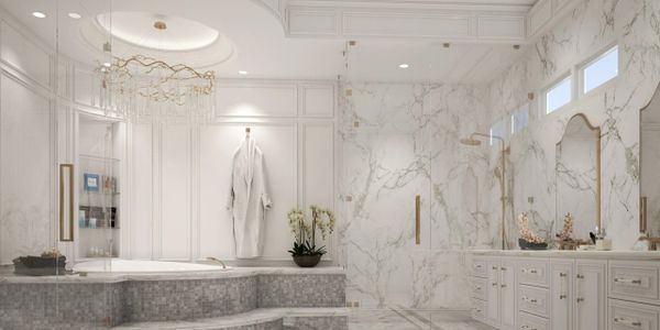 Marble floors and walls. roman tub. new vanities. bathroom remodel. shower. shower glass