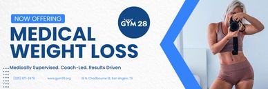 Advertisement for medically supervised medical weight loss at Gym 28 with a fit woman.