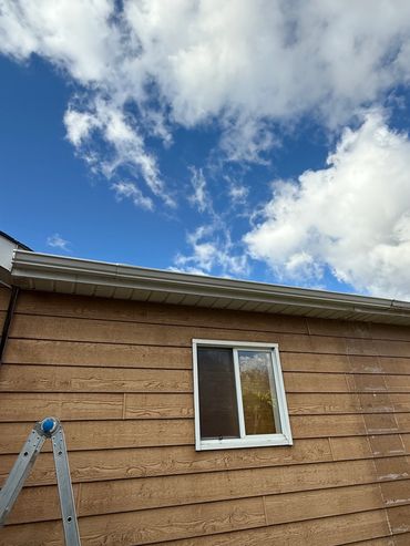 Ladder leaning against a wooden house under a partly cloudy sky.