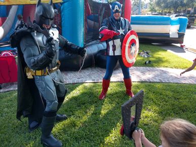 Batman superhero party character & captain america party character play game by moonwalk in houston 