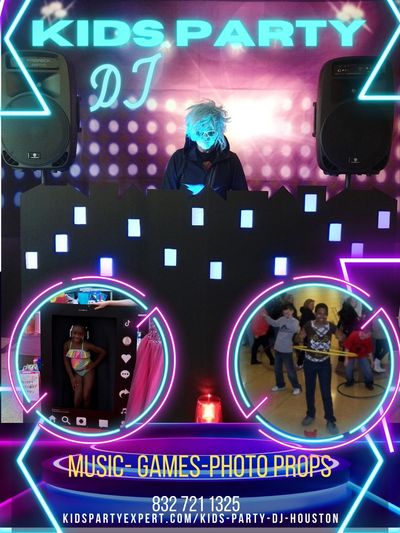 Houston DJ with equipment in front of nightclub back drop with kid in photo prop & kid w/ hoola hoop