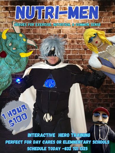 Houston NutriMen Superhero character w/ villains Obeast, Coach Potato, & Beautifool w/  Brickwall