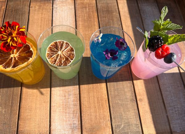Overhead view of colorful signature cocktails with fruit and floral garnishes in Newport Beach