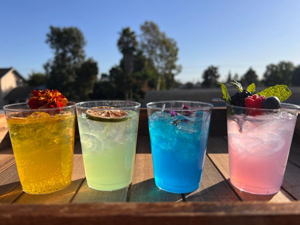 Colorful handcrafted cocktails outdoors, featuring unique garnishes in Los Angeles