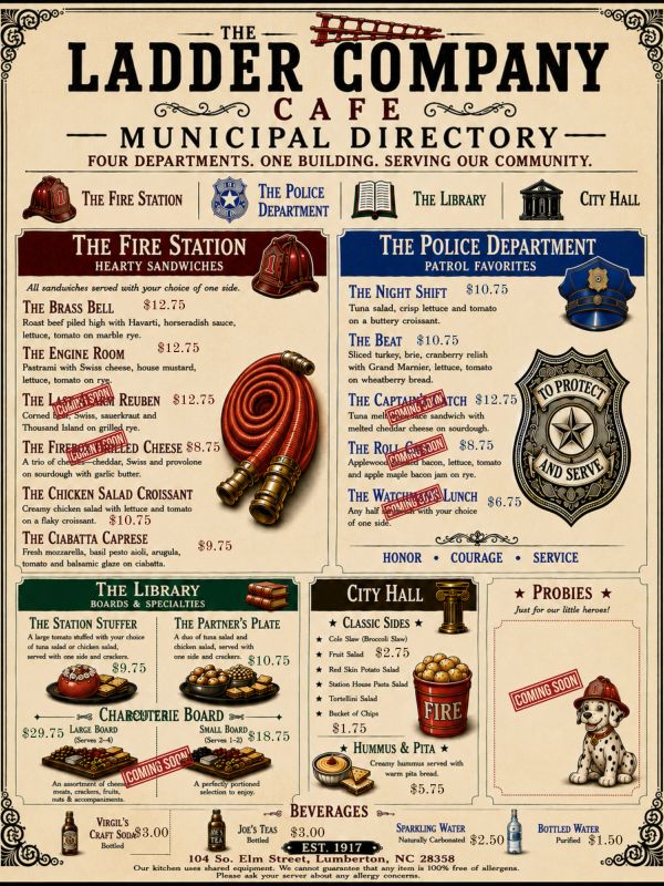 The Ladder Company Cafe menu showcasing four community departments.