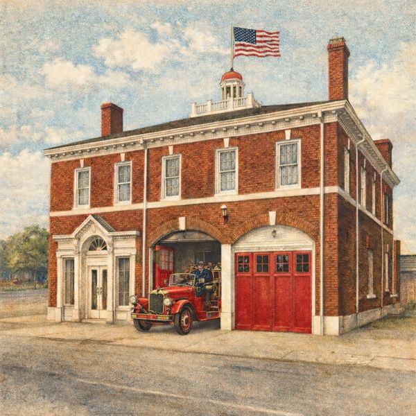 Historic fire station with vintage fire truck and American flag.