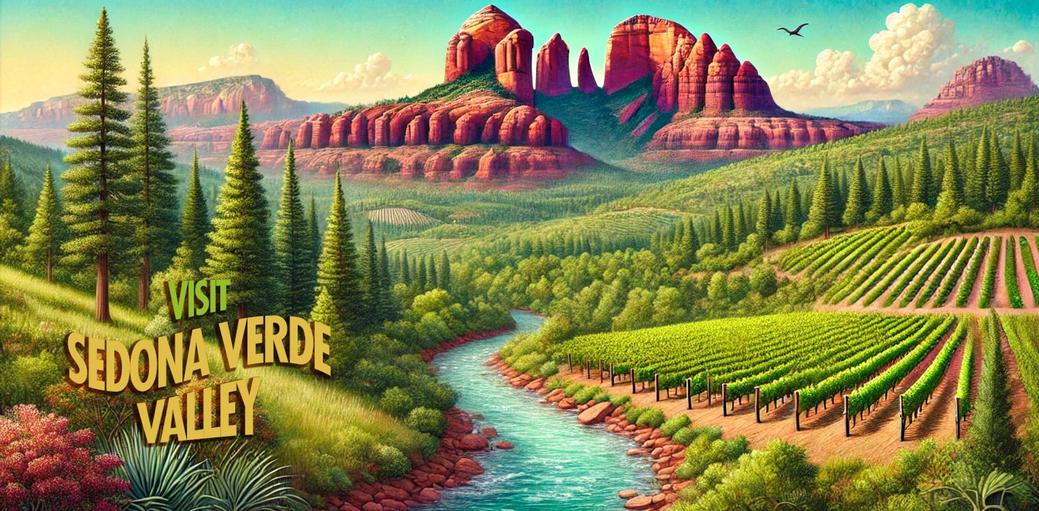 Scenic Sedona Verde Valley with red rock formations, lush vineyards, and a flowing river under a bright sky.