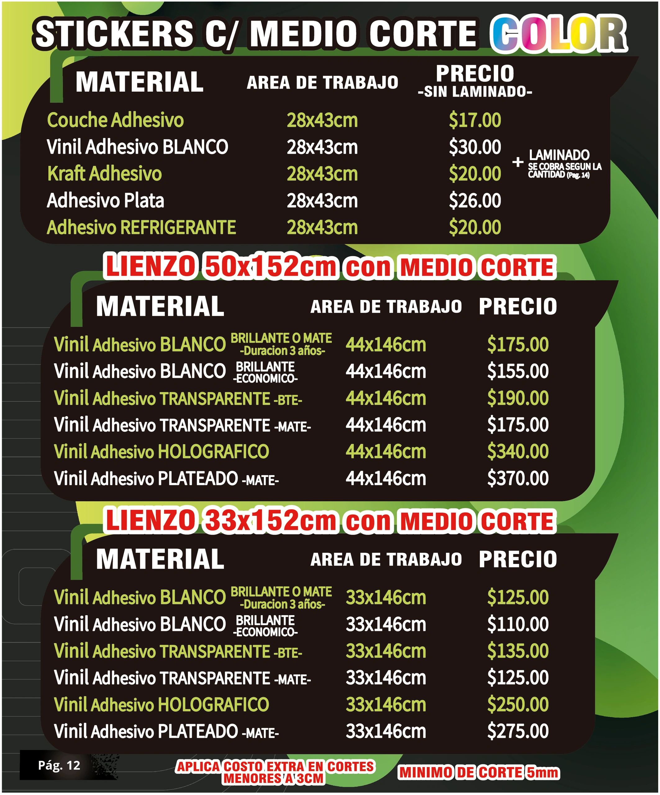 Price list for colored stickers with various adhesive materials and canvas sizes.