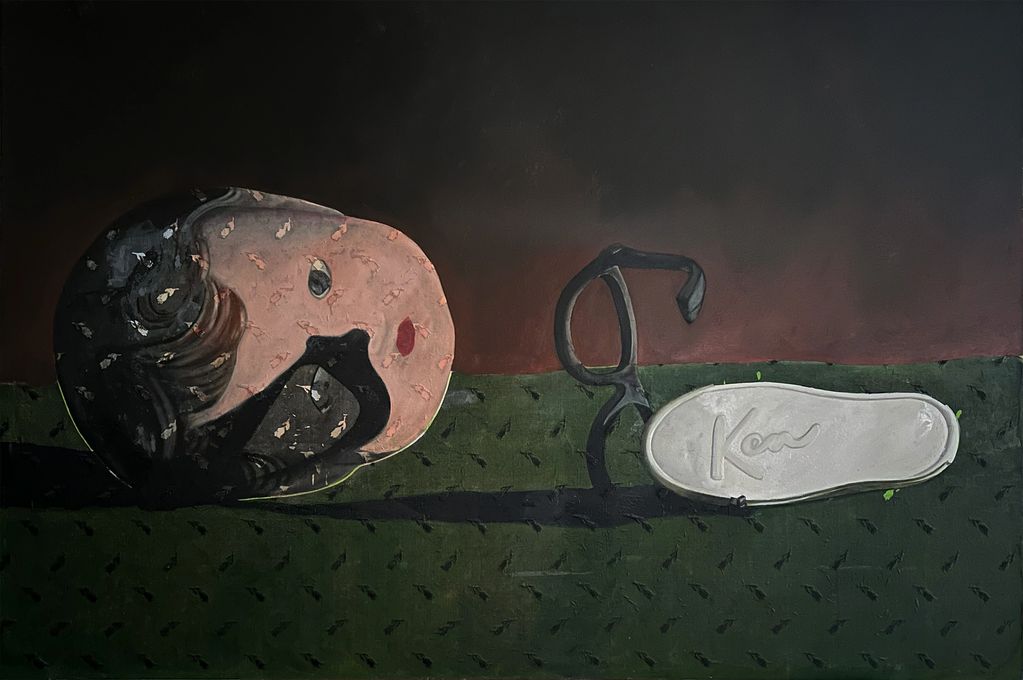 I KEN. 2025. Oil, Fabric on wood panel. 6'x4'.