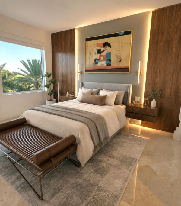Modern bedroom with warm lighting and abstract artwork.
